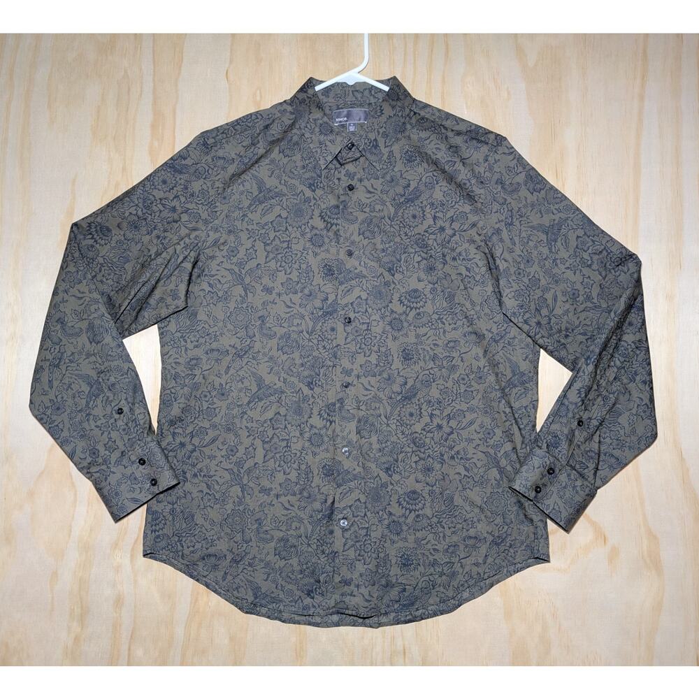 Vince Men's XL Long Sleeve Button Up Shirt Olive Floral Bird Italian Cotton